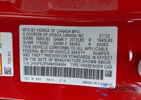 2022 Honda Civic Sport from USA, damaged, VIN 2HGFE2F54NH594994